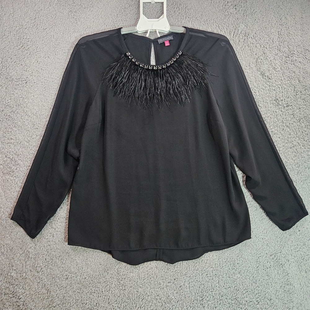 Vince Camuto Top Blouse Women Medium Rhinestone‎ Feather Long Sleeve Black - EUC